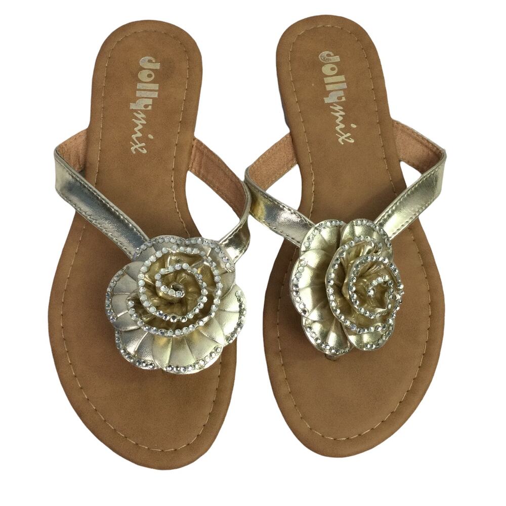 Jolly Mix Summer Faux Leather Vegan Beaded Floral Tan Thong Flip Flop Size 7